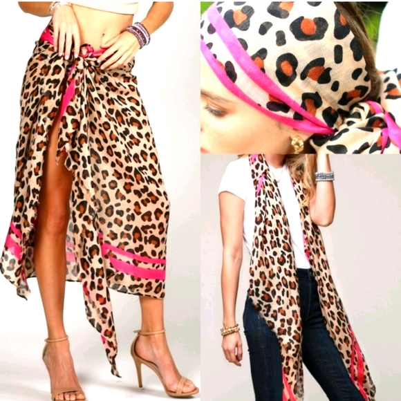 Leopard print scarf/sarong with pink stripes - Picture 1 of 3